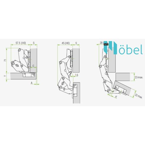 FGV OMNIA L kivetőpánt, fék nélküli, 155 fokos, talp nélkül