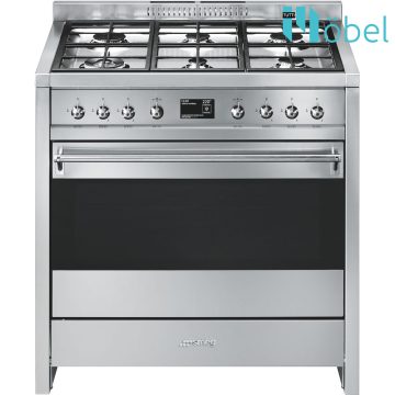   SMEG szabadonálló cooker, 90 cm, gáz főzőlappal, 115 l sütőtér, pirolitikus tisztítás, LCD kijelző, 6 gázégő, Classica design, inox