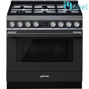   SMEG szabadonálló cooker, 90 cm, gáz főzőlappal, 115 l sütőtér, pirolitikus tisztítás, LCD kijelző, 6 gázégő, Portofino design, antracit