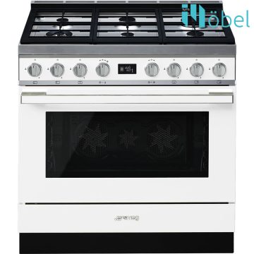   SMEG szabadonálló cooker, 90 cm, gáz főzőlappal, 115 l sütőtér, pirolitikus tisztítás, LCD kijelző, 6 gázégő, Portofino design, fehér