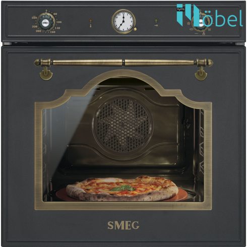 SMEG beépíthető sütő, multifunkciós, pirolitikus tisztítás, 65 l, pizzakő, Cortina design, antracit/bronz