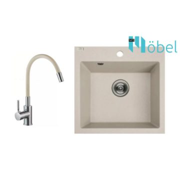   LAVEO mosogató ALENA 490x490 mm + műanyag flexibilis csaptelep bézs szett