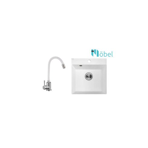 LAVEO mosogató ALENA 490x490 mm + műanyag flexibilis csaptelep fehér szett
