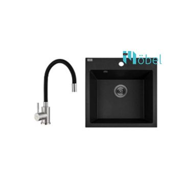   LAVEO mosogató ALENA 490x490 mm + műanyag flexibilis csaptelep fekete szett