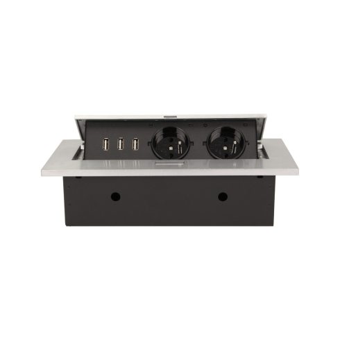 Asztallapba építhető konnektor, 2 dugaljjal, 3 USB