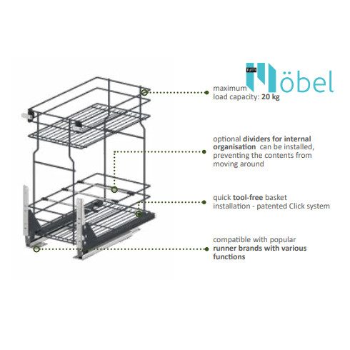 REJS MULTILine MINI alsószerelésű kosár, sín nélkül, L-450 mm