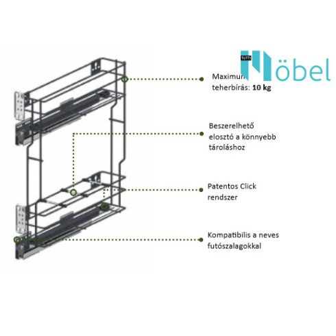 REJS MULTILine MINI oldalszerelésű kosár, sín nélkül, 250 mm, króm