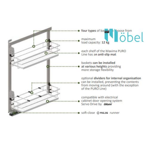 REJS MAXIMA EVOLine MINI oldalszerelésű kosár, fékes sínnel, 150 mm, fehér/króm, bal