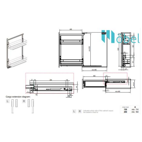 REJS MAXIMA EVOLine MINI oldalszerelésű kosár, fékes sínnel, 150 mm, fehér/króm, bal