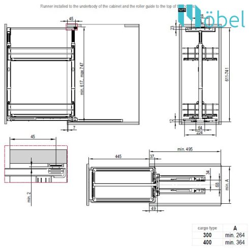 REJS MAXIMA PUROLine MINI alsószerelésű kosár, fékes sínnel, 400 mm, matt fekete/tölgy